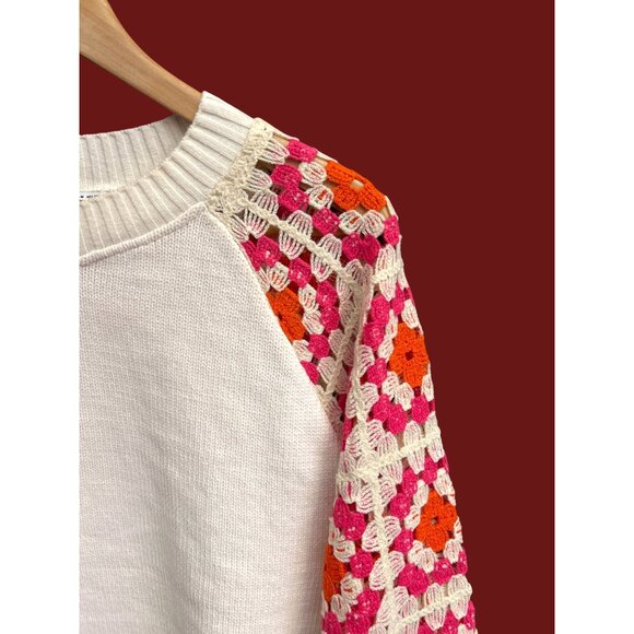 Zara Crochet Sleeve Granny Square Sweater Boho Retro Colorful Knit Pullover - Picture 2 of 8